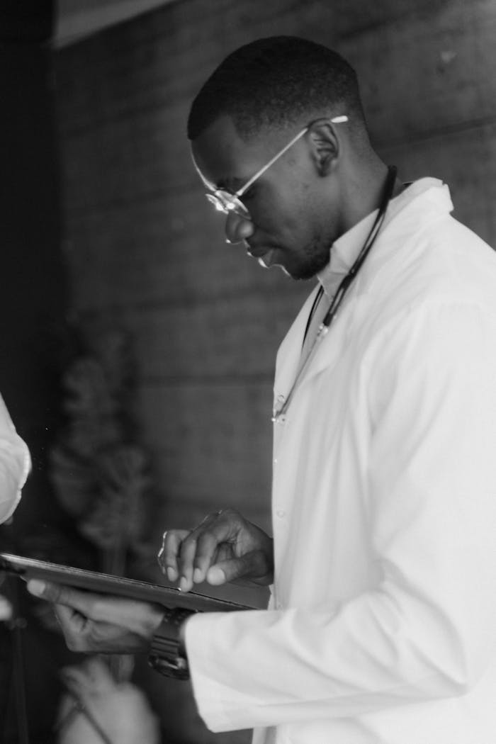 A focused medical professional in a monochrome setting using a digital tablet indoors.